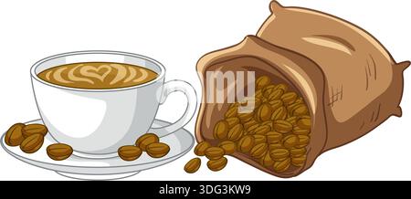 Clean vector graphic of a latte with heart art beside a sack of roasted beans Stock Vector