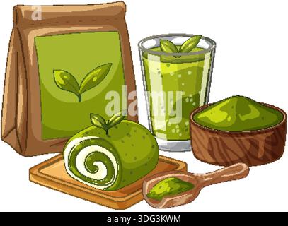 Vector illustration of matcha swiss roll, green tea drink, and powder on white background Stock Vector