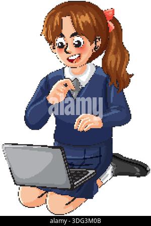 Cartoon student in a blue uniform kneels while typing on a grey laptop computer Stock Vector