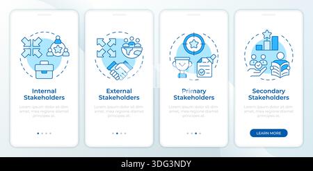 Common types of stakeholders blue onboarding mobile app screen Stock Vector