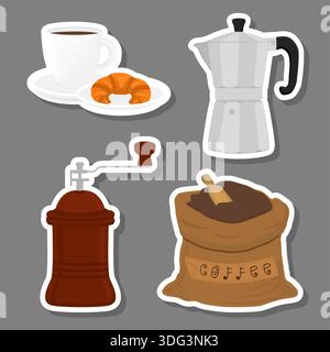 Illustration icon on theme big colored set different types maker kettle, new size logo mills, mill pattern consisting of collection accessory to maker Stock Vector