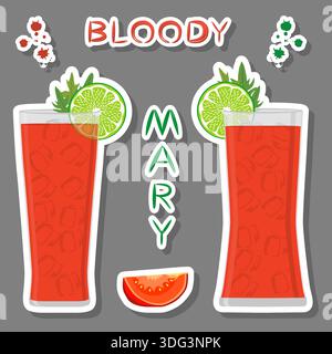 Illustration on theme for alcohol cocktail bloody mary from sliced tomato, bloody mary consisting of full glass cup with vegetable cocktail of celery, Stock Vector