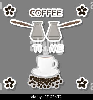 Illustration logo for white ceramic cup of hot coffee on saucer, Turkish pot cezve with handle, cezve pattern consisting of grain beverage brewed in p Stock Vector