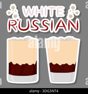 Illustration on theme of alcohol cocktail white russian from coffee, white russian pattern consisting of full glass cup with transparent cream cocktai Stock Vector