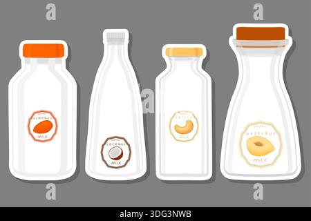 Illustration on theme big set different types chilled milk in bottles various size, milk beverage consisting of collection accessory plastic bottles t Stock Vector