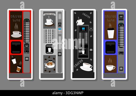 Illustration icon on theme big colored set different types coffee machine, new size logo vending, coffee pattern consisting of collection accessory to Stock Vector