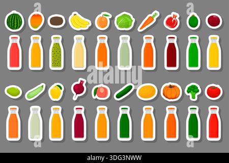 Illustration on theme big set glass bottles with caps filled liquid multicolored fruit juice, glass bottles consisting of tasty natural fruit juice, f Stock Vector