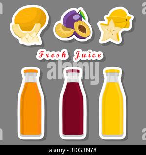 Illustration on theme of set multicolored bottles with tasty carambola juice, bottles consisting of liquid natural carambola juice, carambola juice in Stock Vector