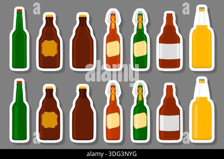 Illustration on theme big kit beer glass bottles with lid for brewery, pattern beer consisting of many identical glass bottles on dark background, gla Stock Vector