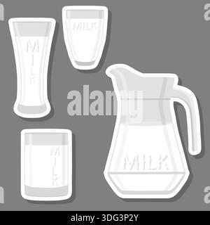 Illustration on theme beautiful glass transparent pitcher with white milk, liquid useful milk in pitcher with handle, clear pitcher for natural milk Stock Vector
