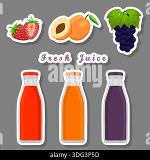 Illustration on theme of set multicolored bottles with tasty apricot juice, kit bottles consisting of liquid natural apricot juice, apricot juice in n Stock Vector