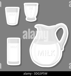 Illustration on theme beautiful glass transparent pitcher with white milk, liquid useful milk in pitcher with handle, clear pitcher for natural milk Stock Vector