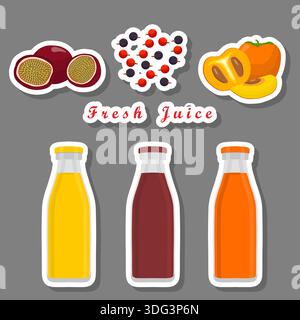 Illustration on theme of set multicolored bottles with tasty currant juice, kit bottles consisting of liquid natural currant juice, currant juice in n Stock Vector