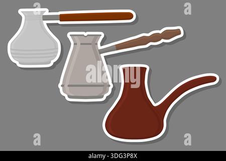 Illustration on theme big colored set different types eastern copper coffee cezves different size, cezve pattern consisting of collection accessory to Stock Vector