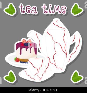 Illustration on theme set of teakettle for tasty tea with sweet dessert cheesecake, tea in teakettle near cheesecake it accessory on kitchen, fresh sa Stock Vector