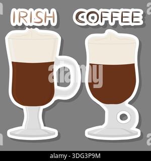 Illustration for cocktail creamy Irish coffee in glass cup with foam, coffee pattern consisting of cups hot cappuccino coffee with whiskey, whipped cr Stock Vector