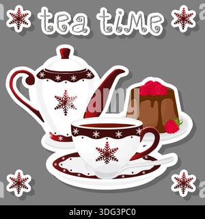 Illustration on theme set of teakettle for tasty tea with sweet dessert cheesecake, tea in teakettle near cheesecake it accessory on kitchen, fresh sa Stock Vector