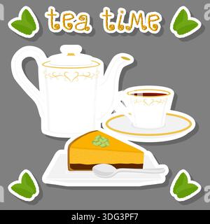 Illustration on theme set of teakettle for tasty tea with sweet dessert cheesecake, tea in teakettle near cheesecake it accessory on kitchen, fresh sa Stock Vector