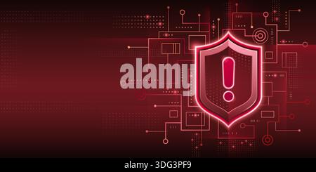 Cyber security alert with glowing red shield icon, exclamation mark and circuit board elements on dark backdrop. Digital threat concept - luminous protective shield symbol surrounded by tech patterns. Stock Vector