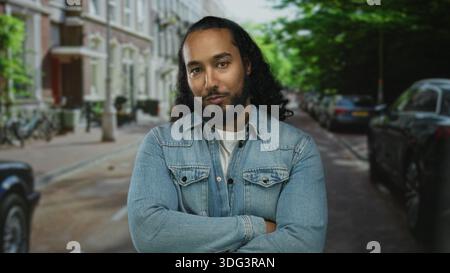 Man in denim jacket standing with arms crossed and smiling on a leafy city street lined with parked cars; confidence ease. Stock Photo