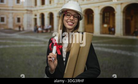Woman wearing helmet holding diploma and rolled plans in front of a historic building; career achievement pride. Stock Photo