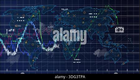 Displaying stylized world map showing live market data on dashboard, with candlesticks and nodes Stock Photo