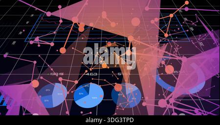 Displaying 3D dashboard on dark grid with perspective, network nodes, blue pie charts Stock Photo