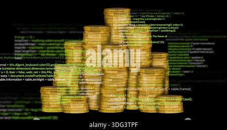 Displaying stacked gold coin piles shimmering on studio black backdrop, with floating code overlay Stock Photo