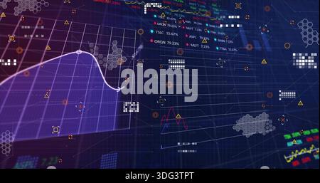 Displaying purple sheer area chart with white trend line over grid, hex clusters, copy space Stock Photo