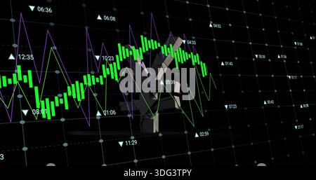 Displaying green candles with purple neon-green lines on dark dotted grid, showing time labels Stock Photo