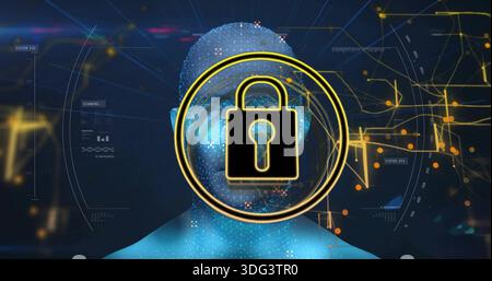 Displaying cyber bust undergoing scanning in virtual HUD, showing gold padlock ring and nodes Stock Photo