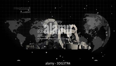Displaying central broken-ring sculpture, rubble in digital matrix with dotted globe and code Stock Photo