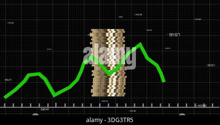 Displaying pixelated stacked gold coin column reflecting light on dark grid, with green line graph Stock Photo