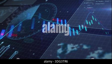 Displaying trading dashboard on dark grid showing candlesticks teal trend cyan waveform red values Stock Photo