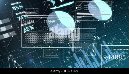 Displaying HUD animating on teal grid, showing keyboard outline, pie charts, numeric panels Stock Photo
