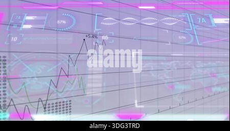 Displaying big holographic data wall showing jagged charts in control room, with +5 Stock Photo