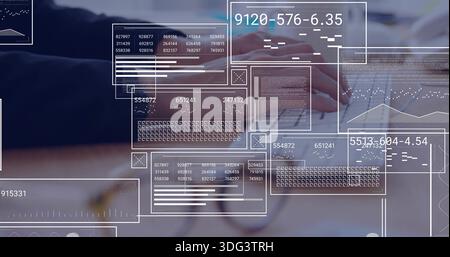 Typing mid adult female hands in dark jacket pressing laptop keys at desk, showing HUD overlays Stock Photo
