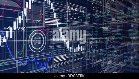 Displaying digital trading dashboard at virtual desk, showing candlestick charts and tickers Stock Photo