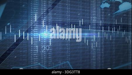 Displaying financial dashboard showing candlestick chart over tabular market data with flare Stock Photo