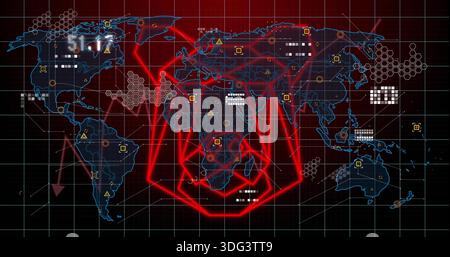 Displaying stylized world map highlighting neon arcs on dark red grid interface, with hex clusters Stock Photo