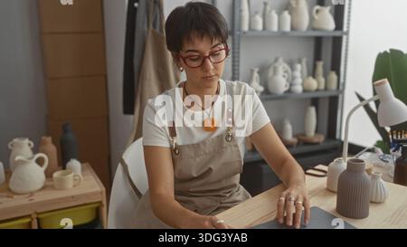 Young woman in apron and glasses types on laptop with both hands beside finished ceramic vases and tools on table in pottery studio; concentration. Stock Photo