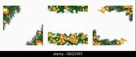 Christmas wreath frames set isolated on transparent background. Vector realistic illustration of xmas card borders and corners decorated with fir tree garland, golden ribbon bow, balls, holiday lights Stock Vector