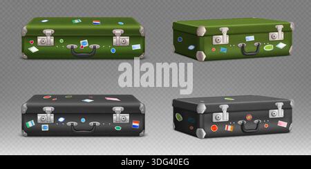 Old green and black suitcases set isolated on transparent background. Vector realistic illustration of vintage luggage with travel destination stickers, vintage leather baggage case with metal lock Stock Vector
