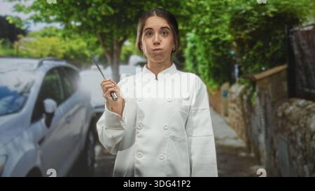 Woman chef in white coat grips honing steel and puffs cheeks beside a parked car on a street; playful focus. Stock Photo