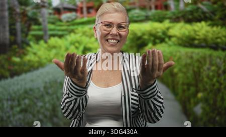Woman beckons with both hands and visible palms on a forest path near green foliage, smiling at camera in striped shirt and glasses; welcoming invitat Stock Photo