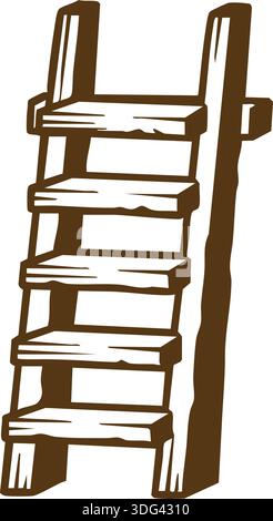 A rustic leaning ladder rendered in hand-drawn strokes with visible wood grain and rounded rungs. Stock Vector