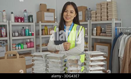 Young woman in a reflective vest works at a charity center organizing supplies indoors, emphasizing volunteer spirit and efficiency with her uniform a Stock Photo