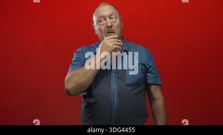 Man with hand on chin and fingers over mouth touching his face in studio wearing a denim shirt against red backdrop; pensive reflection. Stock Photo