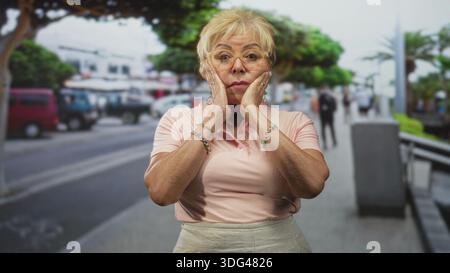 Woman touching cheeks with hands on a busy street, wearing pink polo, glasses and bracelets, looking thoughtful as pedestrians pass behind; pensive co Stock Photo
