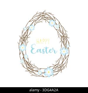 Happy Easter card. Wreath of spring branches with blue flowers, shaped like an egg. On white background. Vector illustration Stock Vector